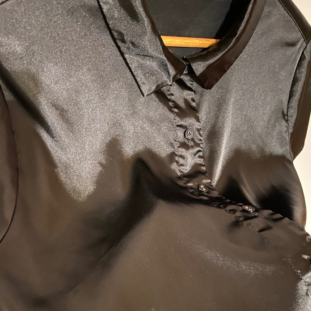 Which We Want Black Satin Short Sleeve Cropped Button Down - Picture 3 of 3